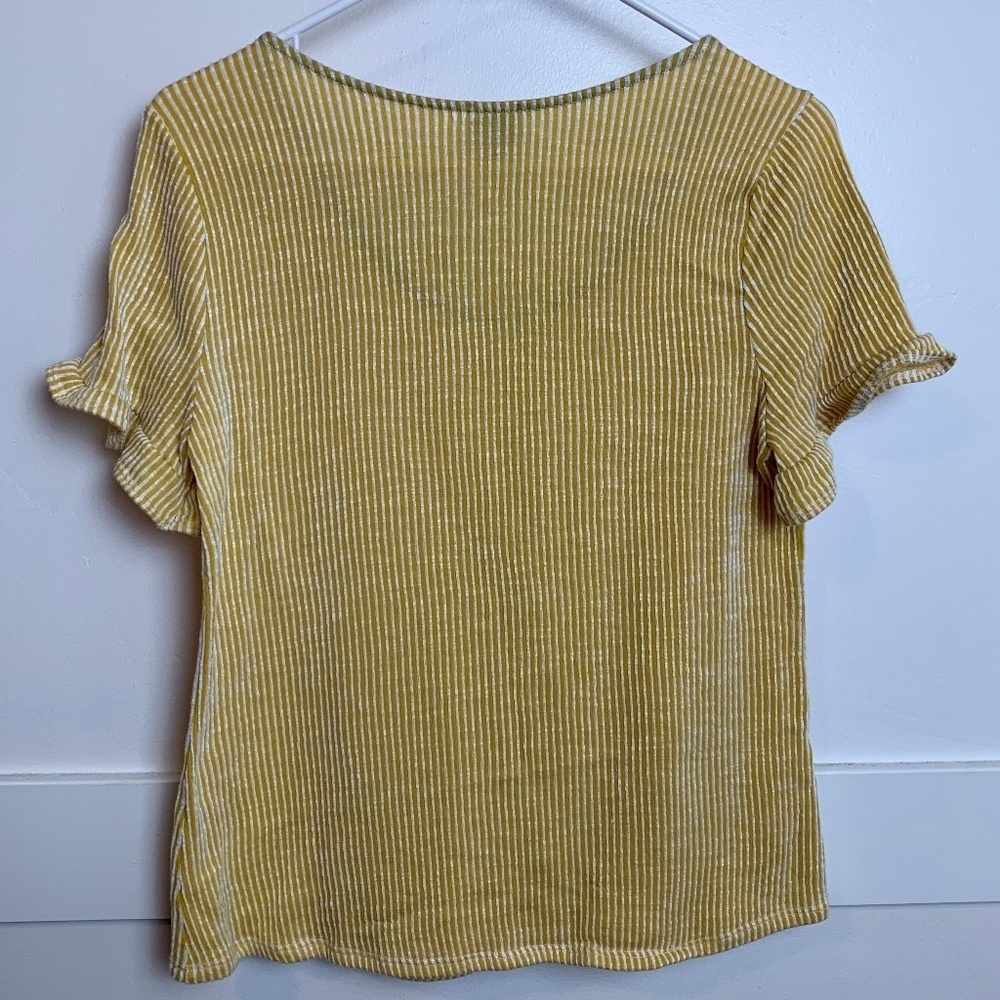 W5 Yellow Ribbed Button Ruffle Short Sleeve Blouse - Picture 2 of 5